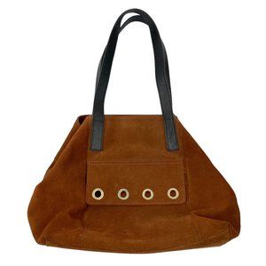 Minelli Paris Tote Made in Spain Brown Black Handles Grommets Cowhide Leather